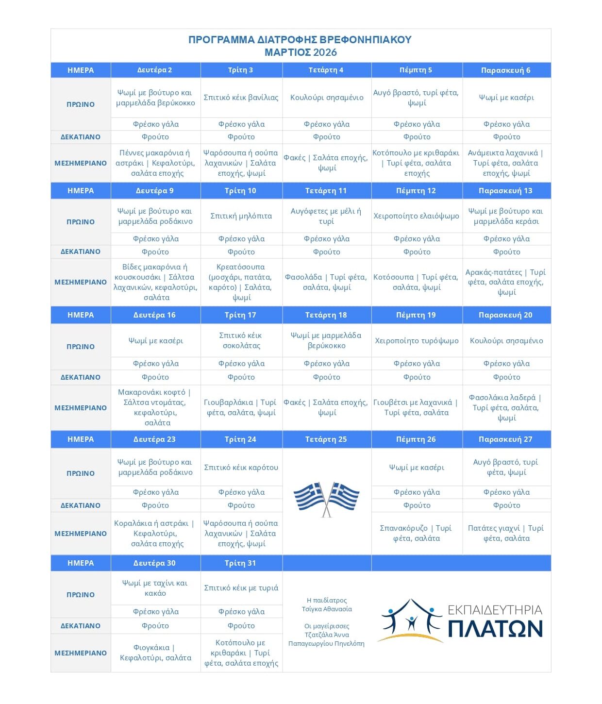 ΠΡΟΓΡΑΜΜΑ ΔΙΑΤΡΟΦΗΣ ΒΡΕΦΟΝΗΠΙΑΚΟΥ - Μάρτιος 2026 –  – Εκπαιδευτήρια ΠΛΑΤΩΝ